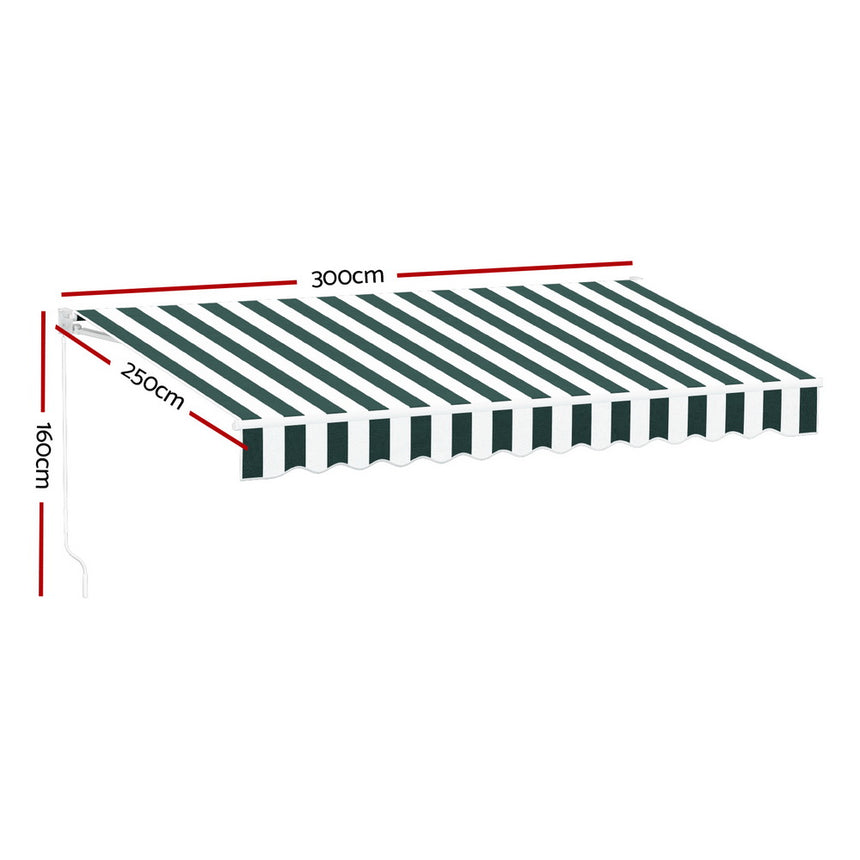 Instahut Retractable Folding Arm Awning Motorised Sunshade 3Mx2.5M Green White