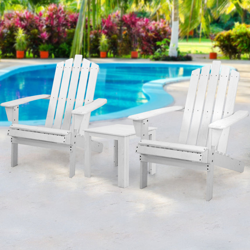 Gardeon 3PC Adirondack Outdoor Table and Chairs Wooden Beach Chair White