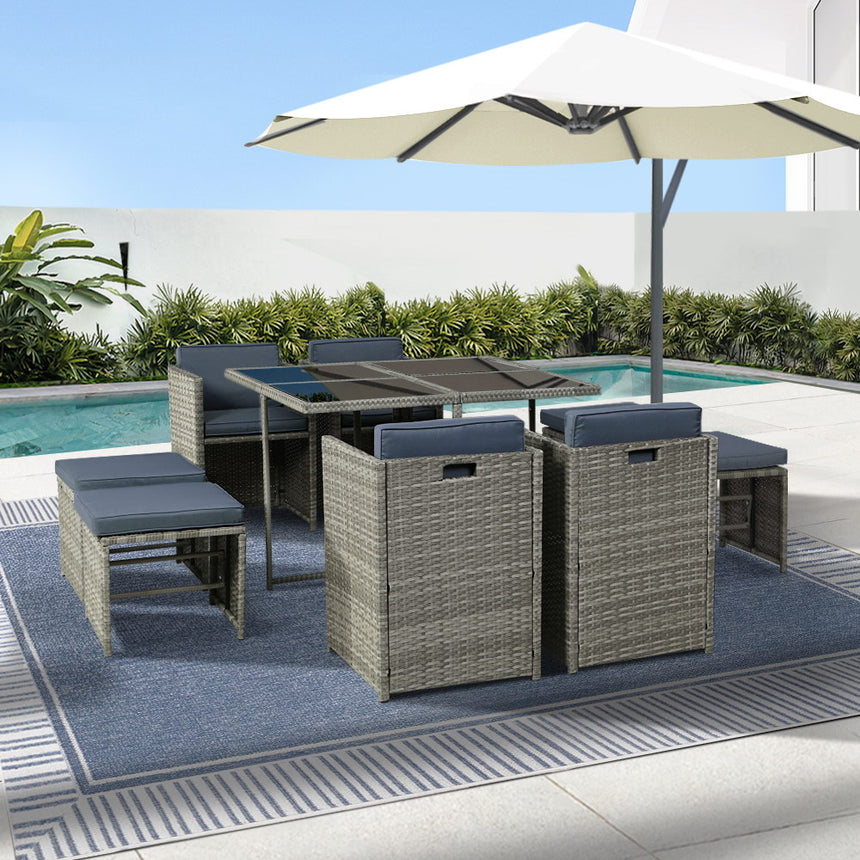 Gardeon Outdoor Dining Set 9 Piece Wicker Table Chairs Setting Grey