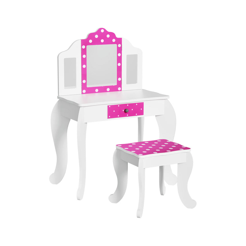 Keezi Kids Dressing Table Vanity Makeup Chair Set Wooden 3 Mirror Drawer Pink