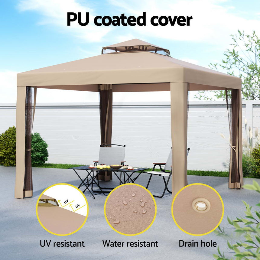 Instahut Gazebo Marquee 3m Outdoor Event Tent Camping Party Mesh Wall Canopy Brown