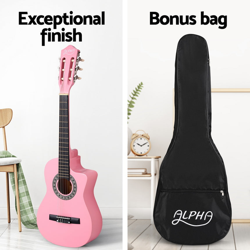 Alpha 34 Inch Classical Guitar Wooden Body Nylon String Beginner Kids Gift Pink