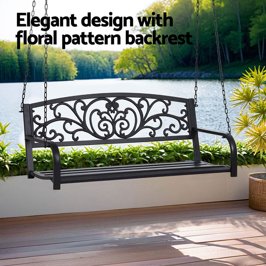 Gardeon Outdoor Porch Swing Chair Patio Furniture Floral Backrest 2 Seater Black