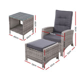 Gardeon 3PC Recliner Chairs Table Sun lounge Wicker Outdoor Furniture Adjustable Grey