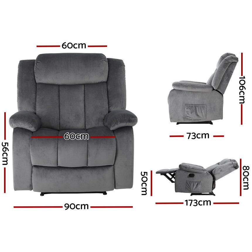 Artiss Recliner Chair Electric Massage Chair Velvet Lounge Sofa Heated Grey