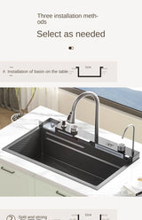 304 Stainless Steel Waterfall Kitchen Sink Large Single Slot Integrated Digital Display Faucet Set Soap Dispenser Cup Washer