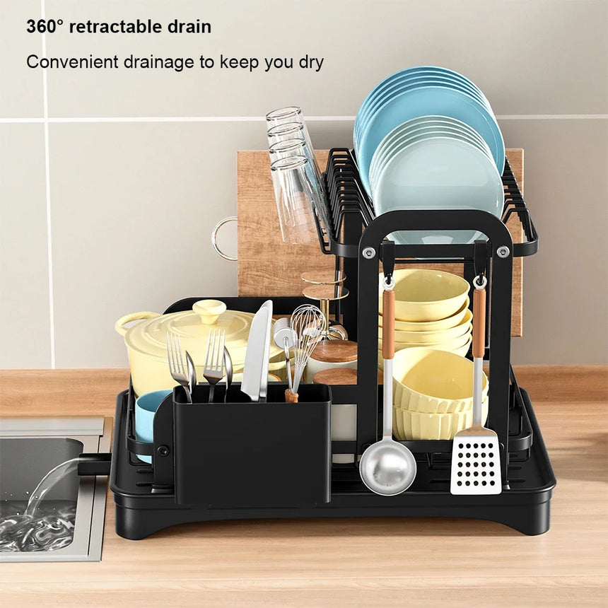 2 Tier Dish Drying Rack with Drip Tray Kitchen Sink Organizer 360-Degree Retractable Drain Chopstick Holder Cutting Board Holder