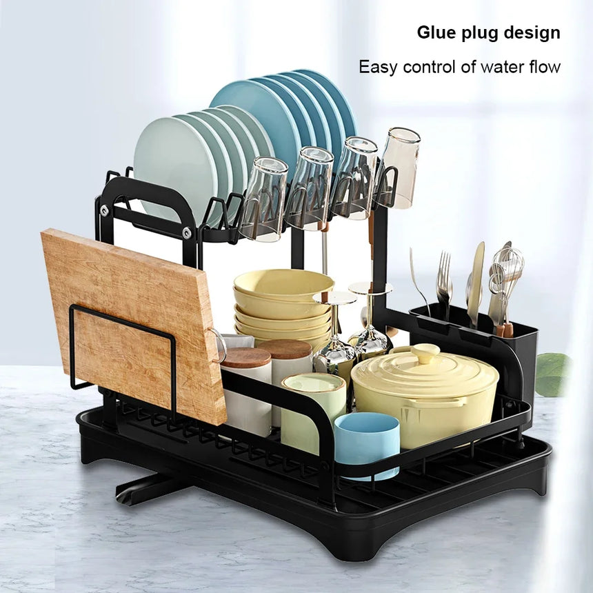 2 Tier Dish Drying Rack with Drip Tray Kitchen Sink Organizer 360-Degree Retractable Drain Chopstick Holder Cutting Board Holder