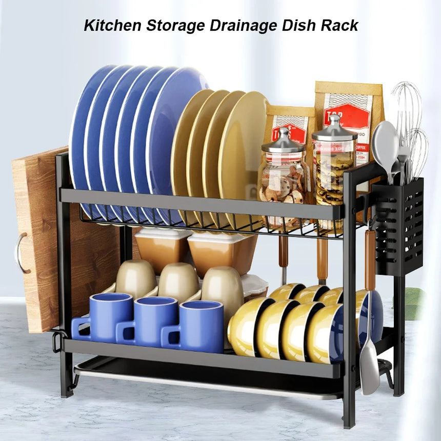 2 Tier Dish Drying Rack with Drip Tray Kitchen Sink Organizer 360-Degree Retractable Drain Chopstick Holder Cutting Board Holder