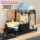 2 Tier Dish Drying Rack with Drip Tray Kitchen Sink Organizer 360-Degree Retractable Drain Chopstick Holder Cutting Board Holder