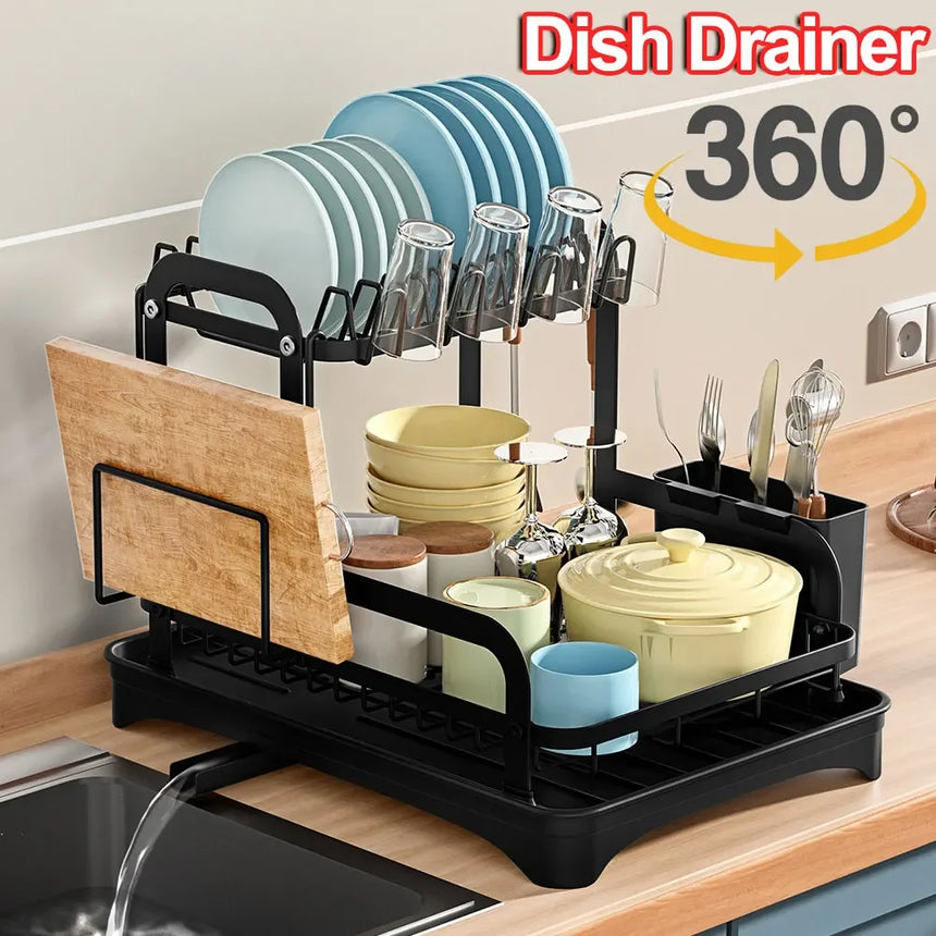 2 Tier Dish Drying Rack with Drip Tray Kitchen Sink Organizer 360-Degree Retractable Drain Chopstick Holder Cutting Board Holder