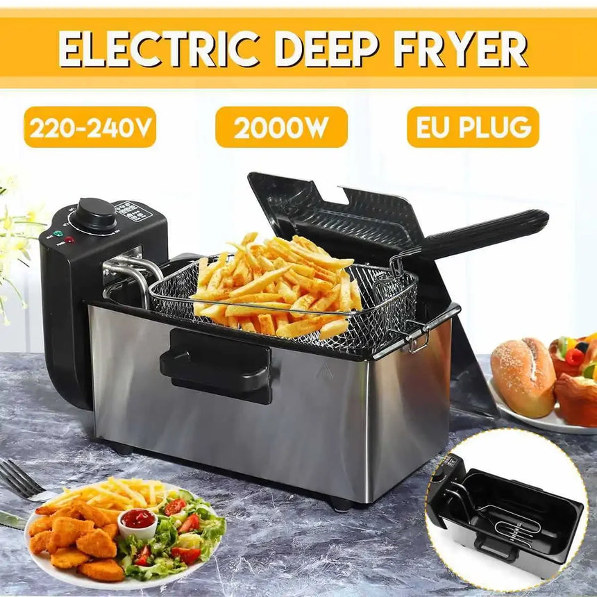 Houselin 3.5L Stainless Steel Deep Fryer with Basket, 2000W, Oil Filtration, Temp Control, Digital Timer, Dishwasher Safe Parts