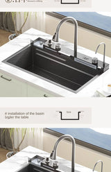 304 Stainless Steel Waterfall Kitchen Sink Large Single Slot Integrated Digital Display Faucet Set Soap Dispenser Cup Washer