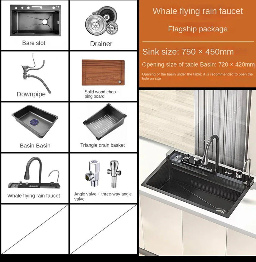 304 Stainless Steel Waterfall Kitchen Sink Large Single Slot Integrated Digital Display Faucet Set Soap Dispenser Cup Washer