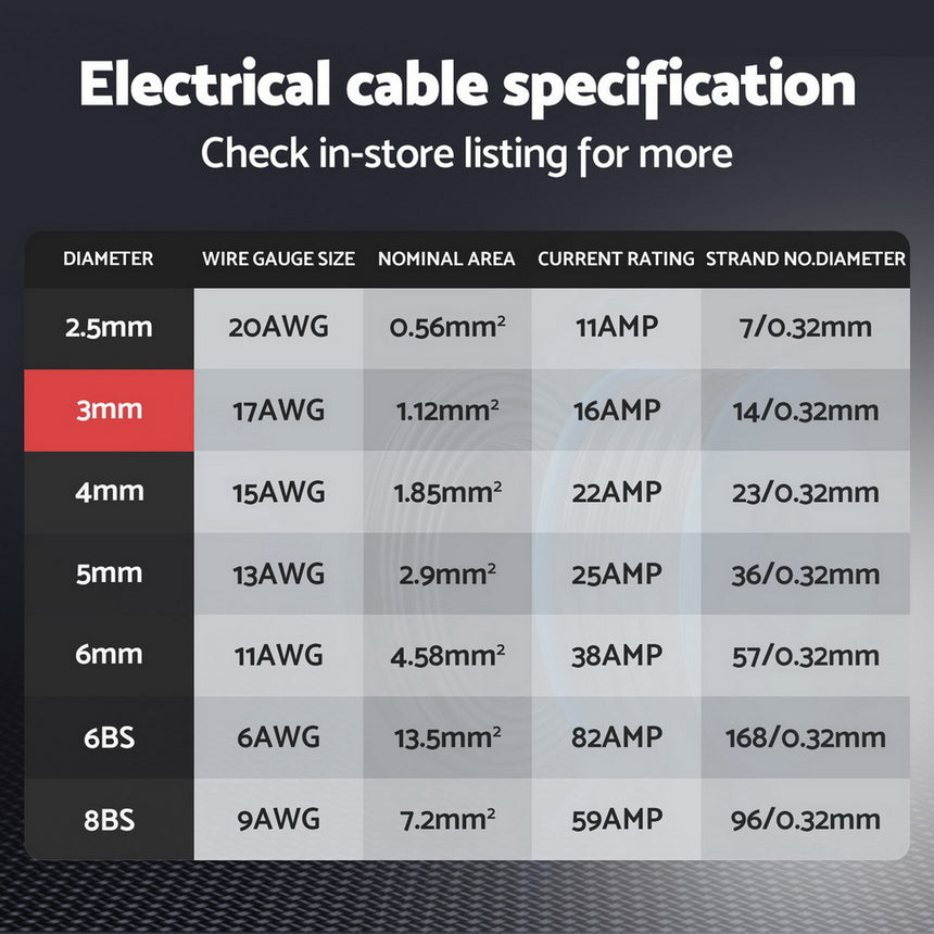 Giantz 3MM 10M Twin Core Wire Electrical Cable Extension Car 450V 2 Sheath