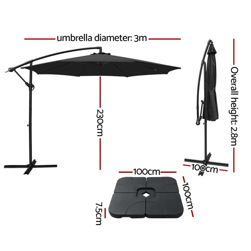 Instahut 3m Umbrella w/Base Outdoor Cantilever Beach Garden Patio Parasol Charcoal