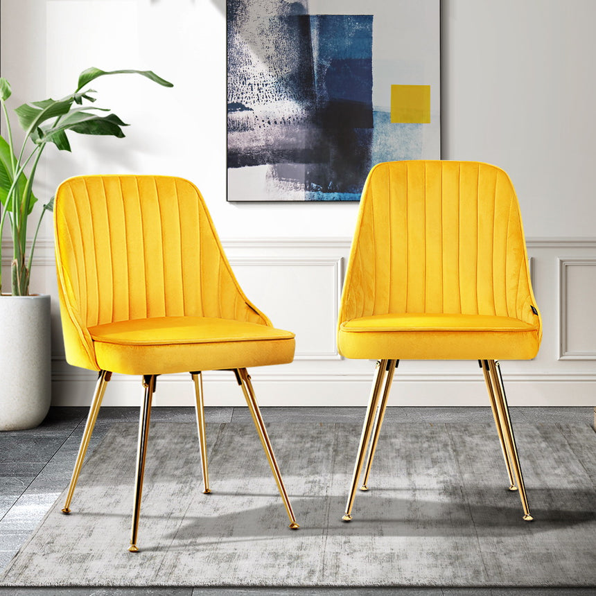 Artiss Dining Chairs Set of 2 Velvet Channel Tufted Yellow