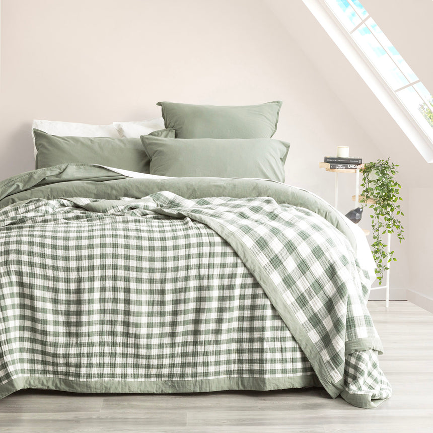 Gingham Washed Cotton Yarn Dyed Revesible Textured Emerald Blanket by Renee Taylor Queen/King