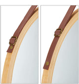 Hanging Round Wall Mirror 38 cm - Solid Bamboo Frame and Adjustable Leather Strap for Bathroom and Bedroom