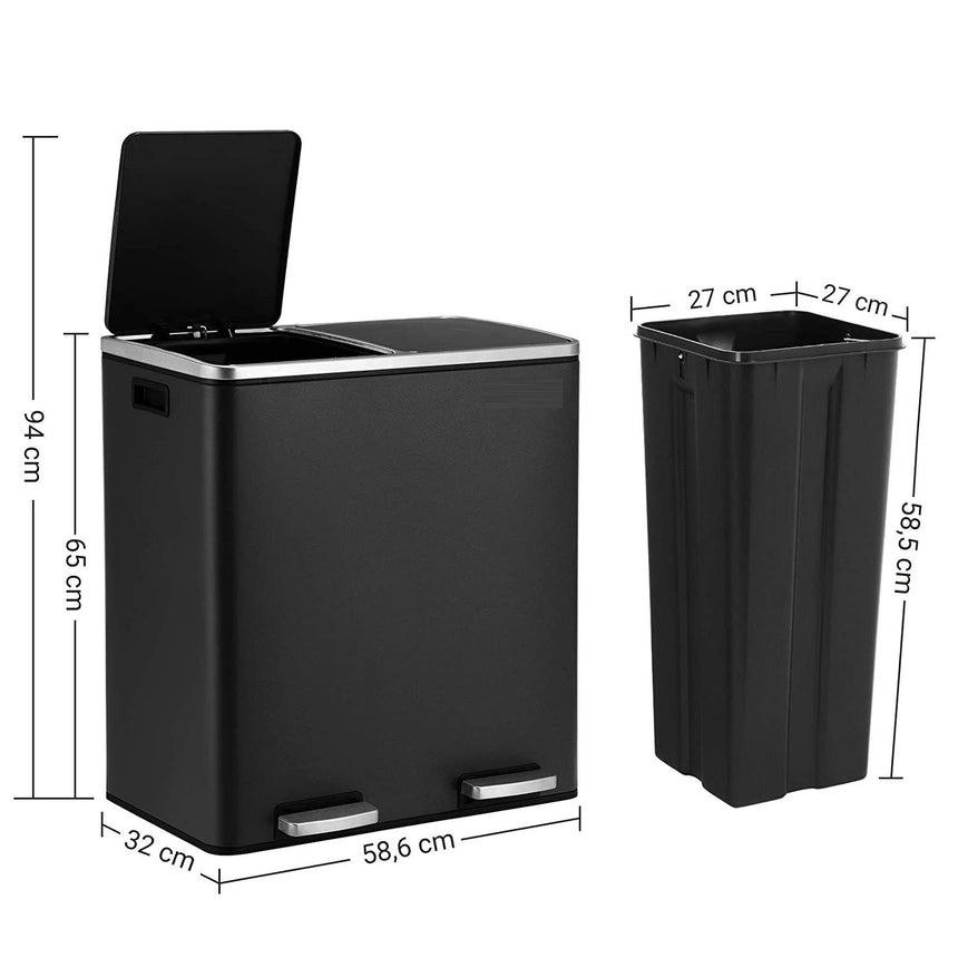 Kitchen Dual Recycling Bin 30L, Black