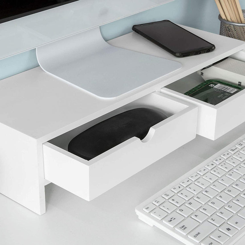 White Monitor Stand Desk Organizer with 2 Drawers