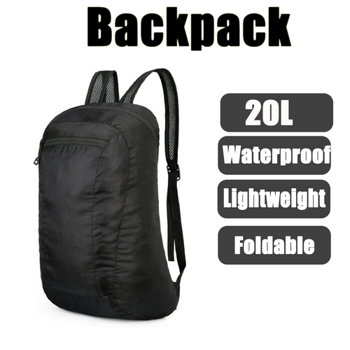 20L Black Waterproof Lightweight Backpack Portable Foldable Backpack Travel Outdoor