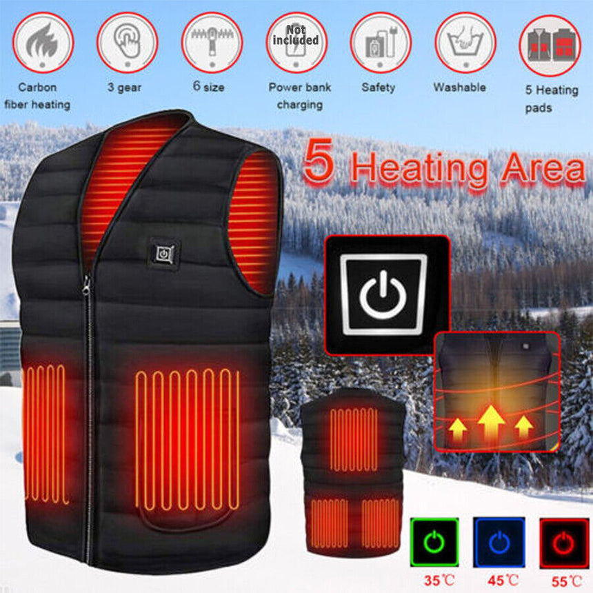 3XL Electric Vest Heated Jacket USB Thermal Warm Heat Pad Winter Body Warmer Unisex