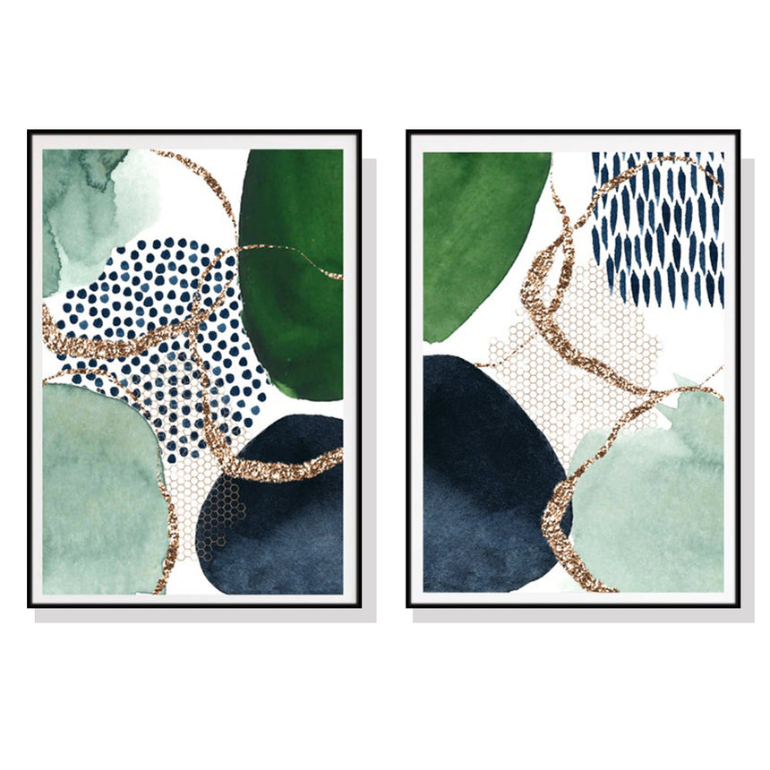 Wall Art 100cmx150cm Abstract Green and Navy 2 Sets Black Frame Canvas