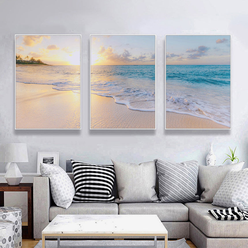 Wall Art 70cmx100cm Ocean and beach 3 Sets White Frame Canvas