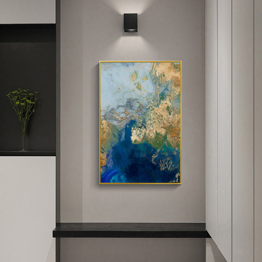 Wall Art 40cmx60cm Marbled Blue Gold Artwork Gold Frame Canvas