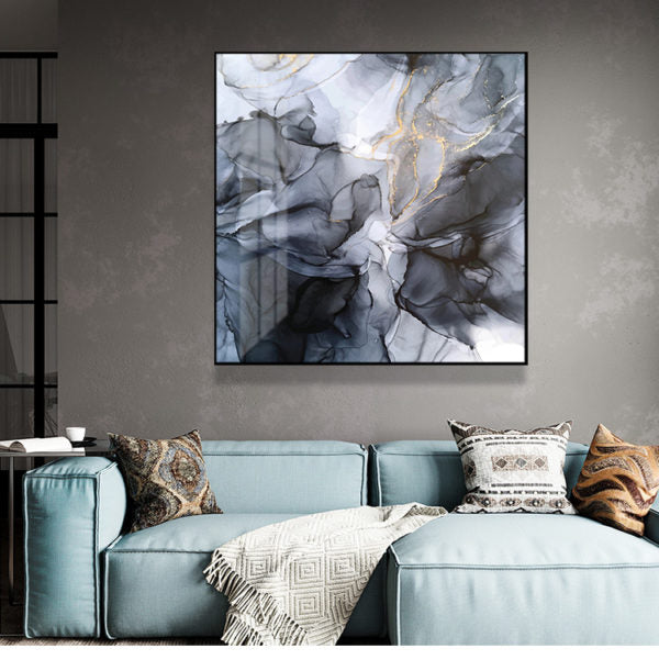 Wall Art 90cmx90cm Marbled Black Grey Black Frame Canvas