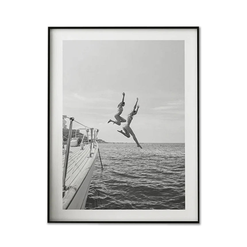 Wall Art 70cmx100cm Black and White Ocean Jump, Black Frame Canvas