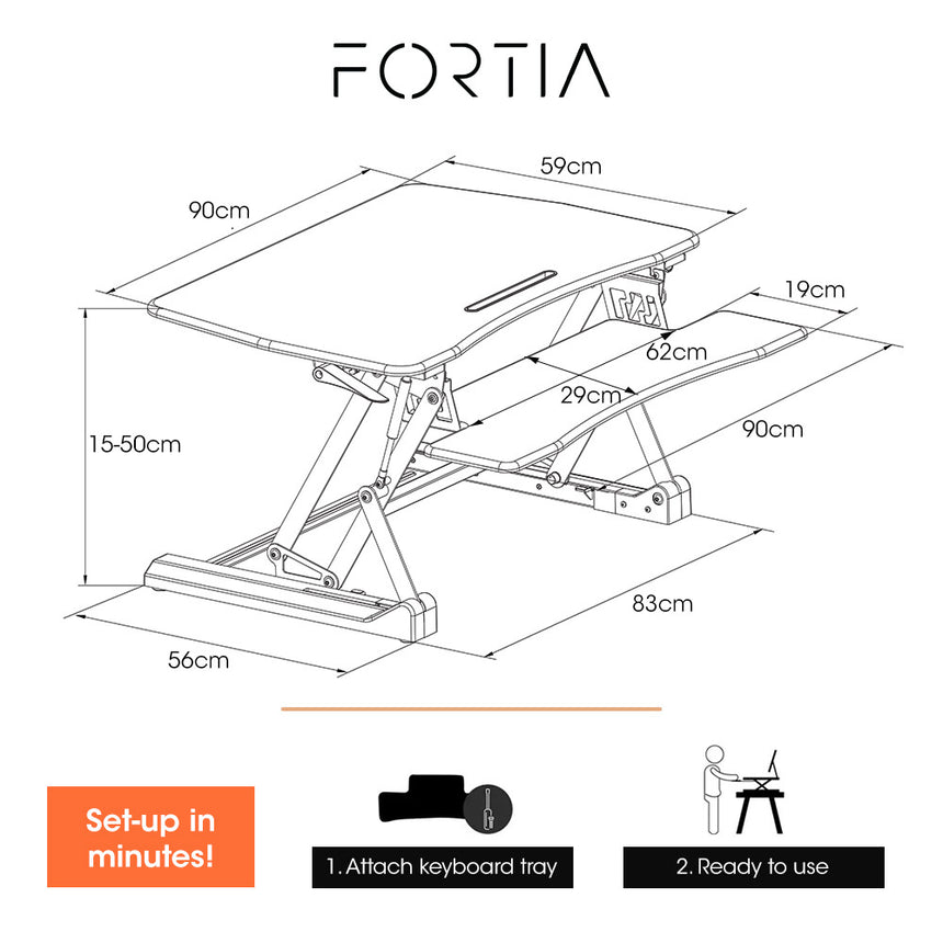 Fortia Desk Riser 90cm Wide Adjustable Sit to Stand for Dual Monitor, Keyboard, Laptop, Black