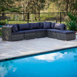 LONDON RATTAN 6 Seater Modular Outdoor Lounge Setting with Ottoman, Grey