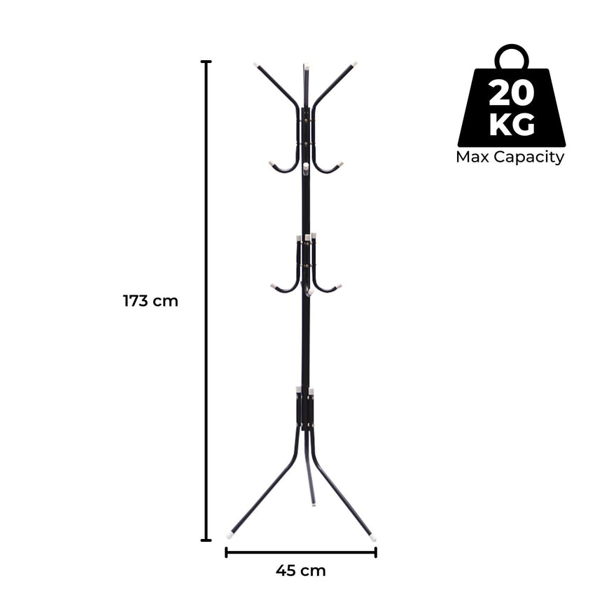 EKKIO 12 Hook Metal Coat Rack Stand with 3-Tier Hat Hanger (Black)