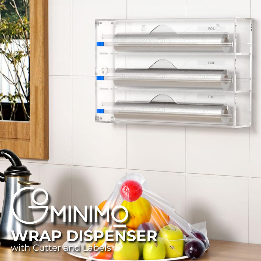 GOMINIMO 3 in 1 Acrylic Wrap Dispenser with Cutter and Labels Clear