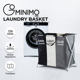 GOMINIMO 135L Foldable Laundry Cloth Hamper with 3 Sections (White+Grey+Black)