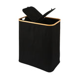 GOMINIMO Folding Bamboo & Canvas Laundry Hamper with Double Lid(Black)