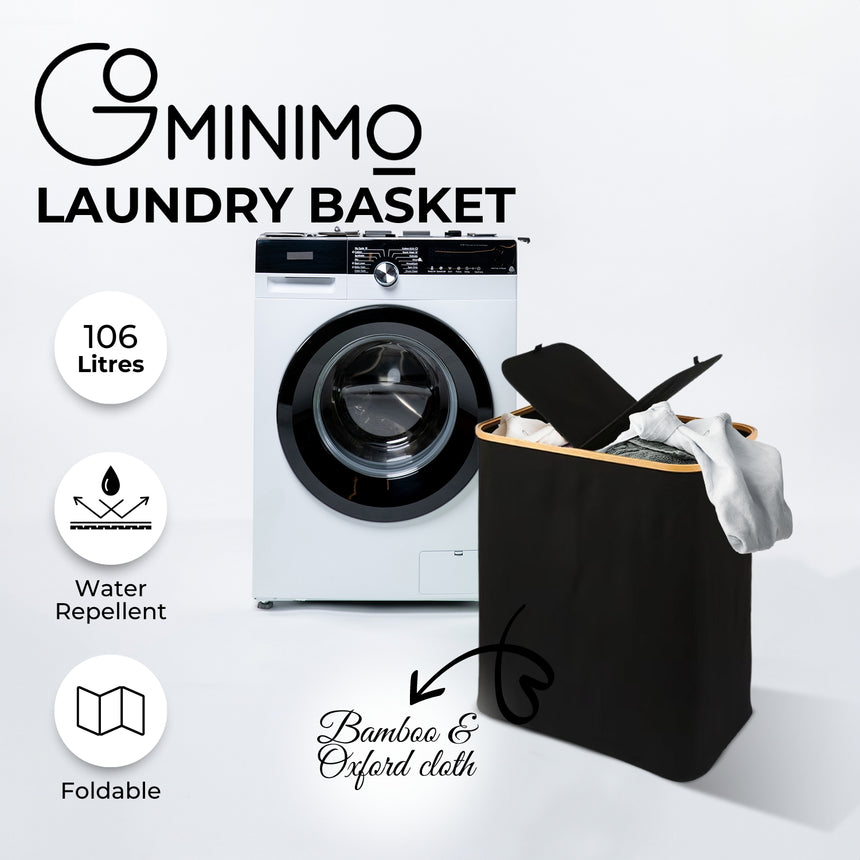 GOMINIMO Folding Bamboo & Canvas Laundry Hamper with Double Lid(Black)