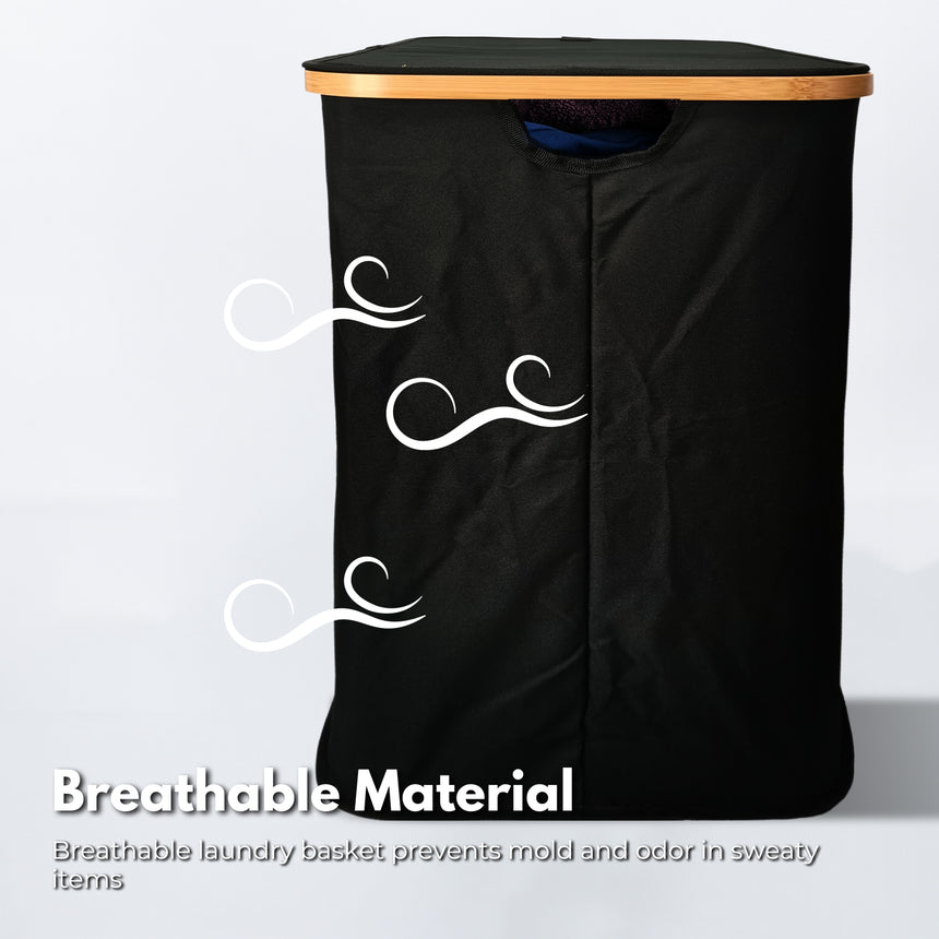 GOMINIMO Folding Bamboo & Canvas Laundry Hamper with Double Lid(Black)