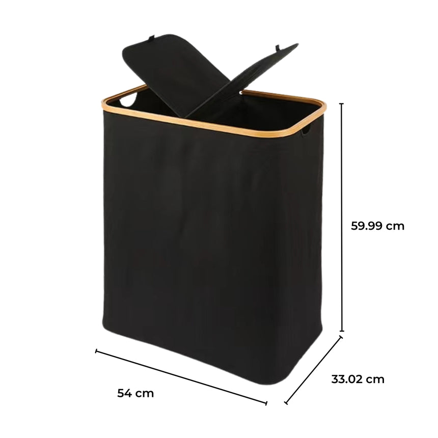 GOMINIMO Folding Bamboo & Canvas Laundry Hamper with Double Lid(Black)