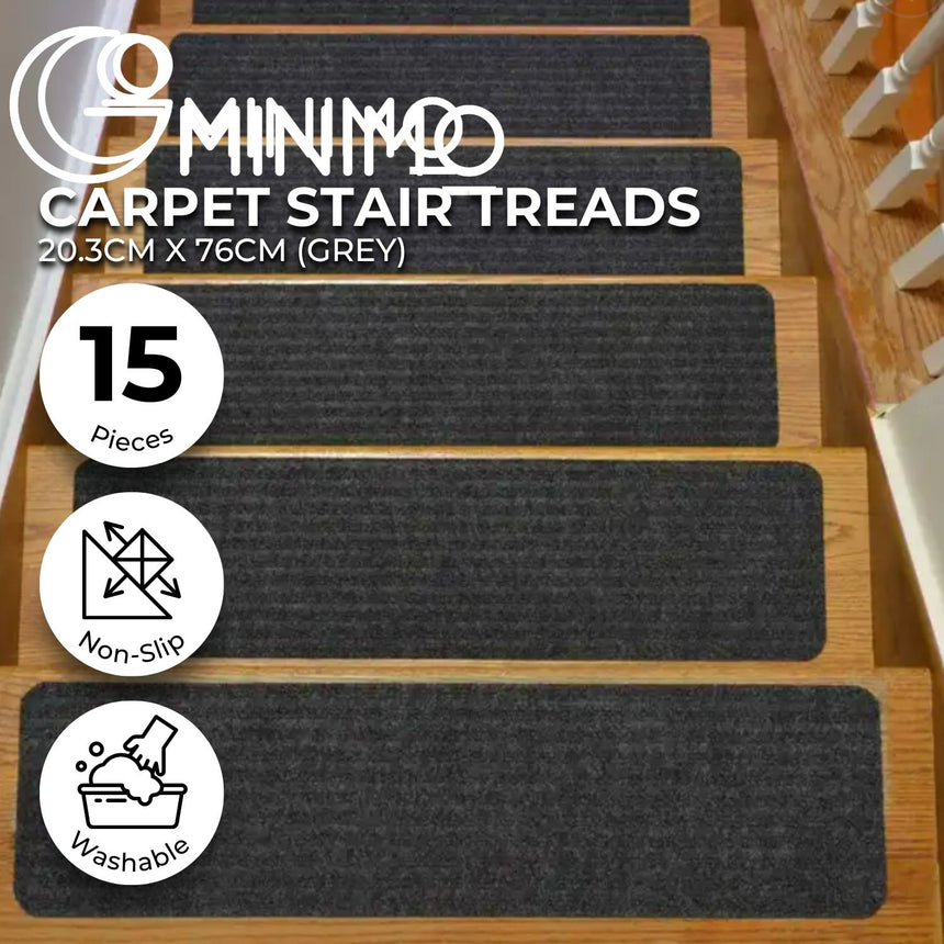 GOMINIMO Set of 15 Non Slip Carpet Stair Tread 20.3 x76cm (Grey)