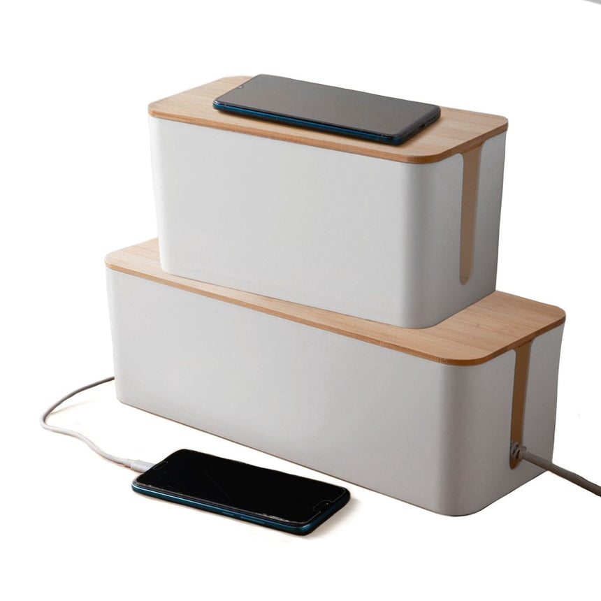 GOMINIMO set of Two Cable Management Box with Bamboo Lid (White)