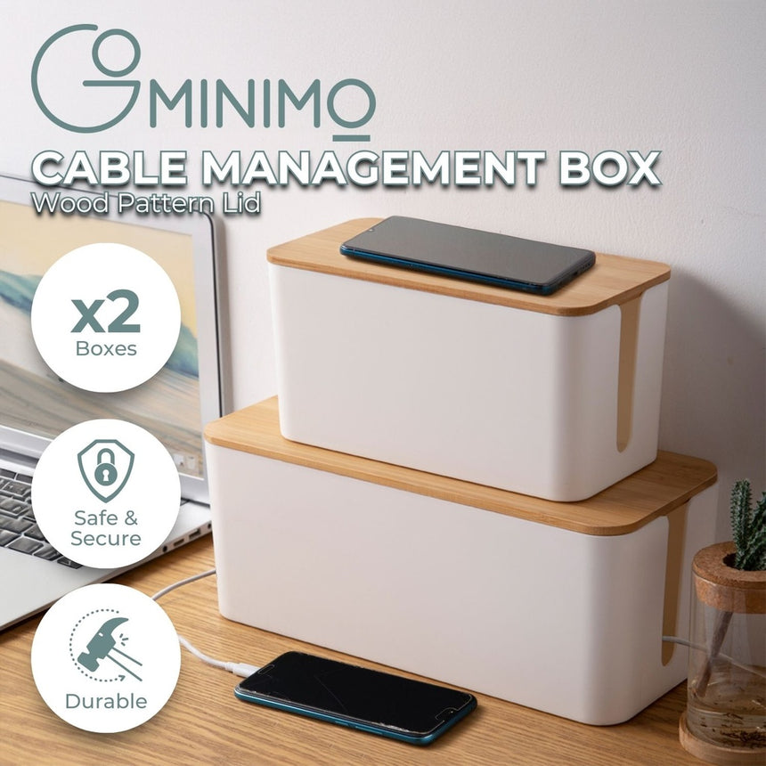 GOMINIMO set of Two Cable Management Box with Bamboo Lid (White)