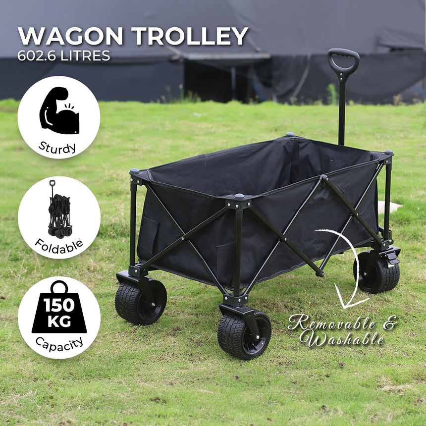 KILIROO Folding Wagon Trolley Cart with Wide Wheels and Rear Tail Gate (Black)