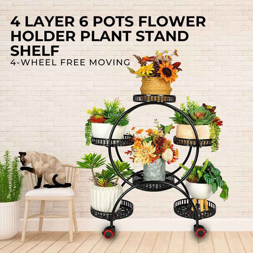 NOVEDEN 4 Layer 6 Pots Flower Holder Plant Stand Shelf with 4-Wheel (Black)