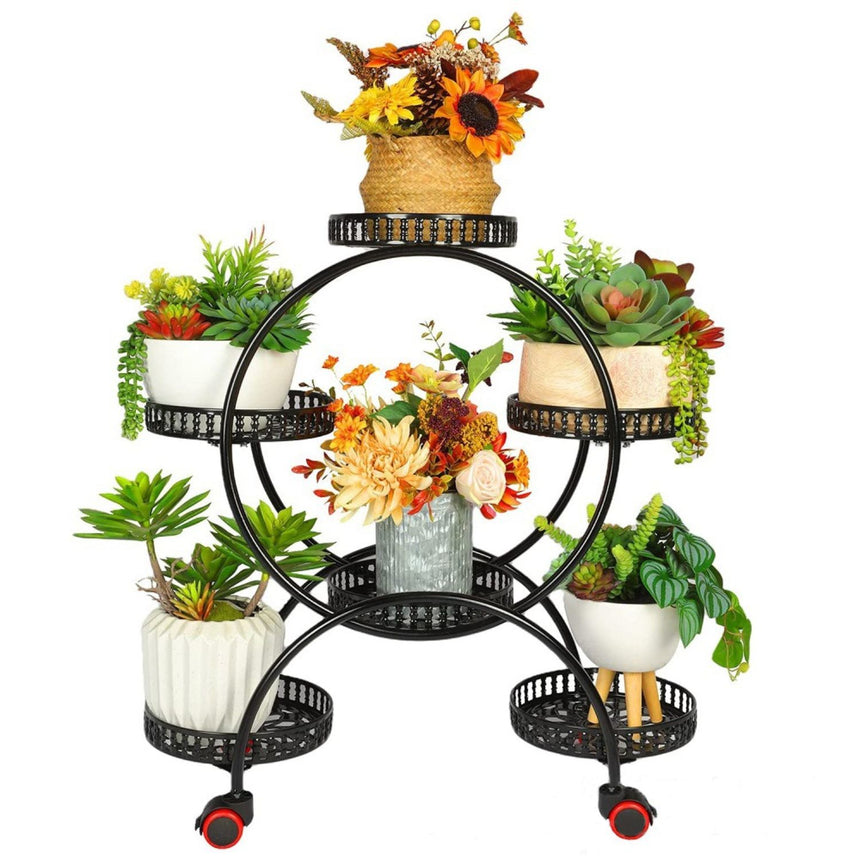 NOVEDEN 4 Layer 6 Pots Flower Holder Plant Stand Shelf with 4-Wheel (Black)