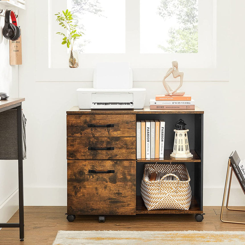 VASAGLE File Cabinet with 3 Drawer Mobile Lateral Filing Cabinet with Open Compartments Rustic Brown and Black