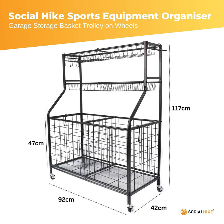 Social Hike Storage Organiser Trolley on Wheels - Garage Sports Equipment Basket