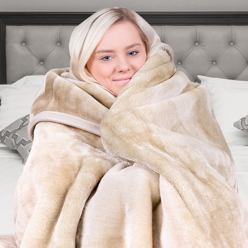 Laura Hill 800-gsm Faux Mink Throw Rug Blanket Queen Size Double-sided Large 220 X 240cm Heavy - Cream